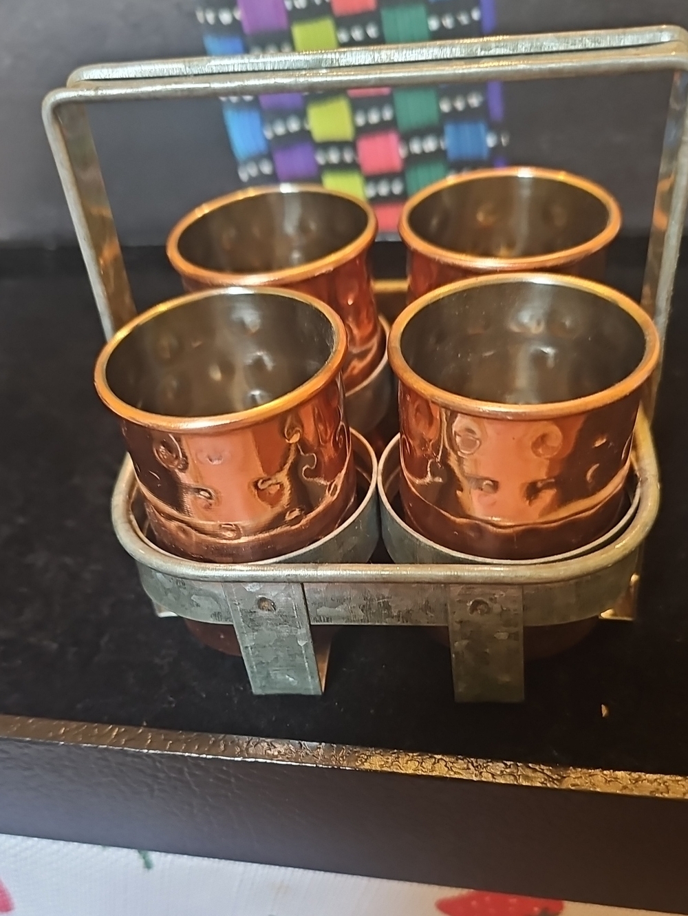 Vintage Hand-Hammered Copper Shot Glasses with Metal Caddy - Set of 4.
